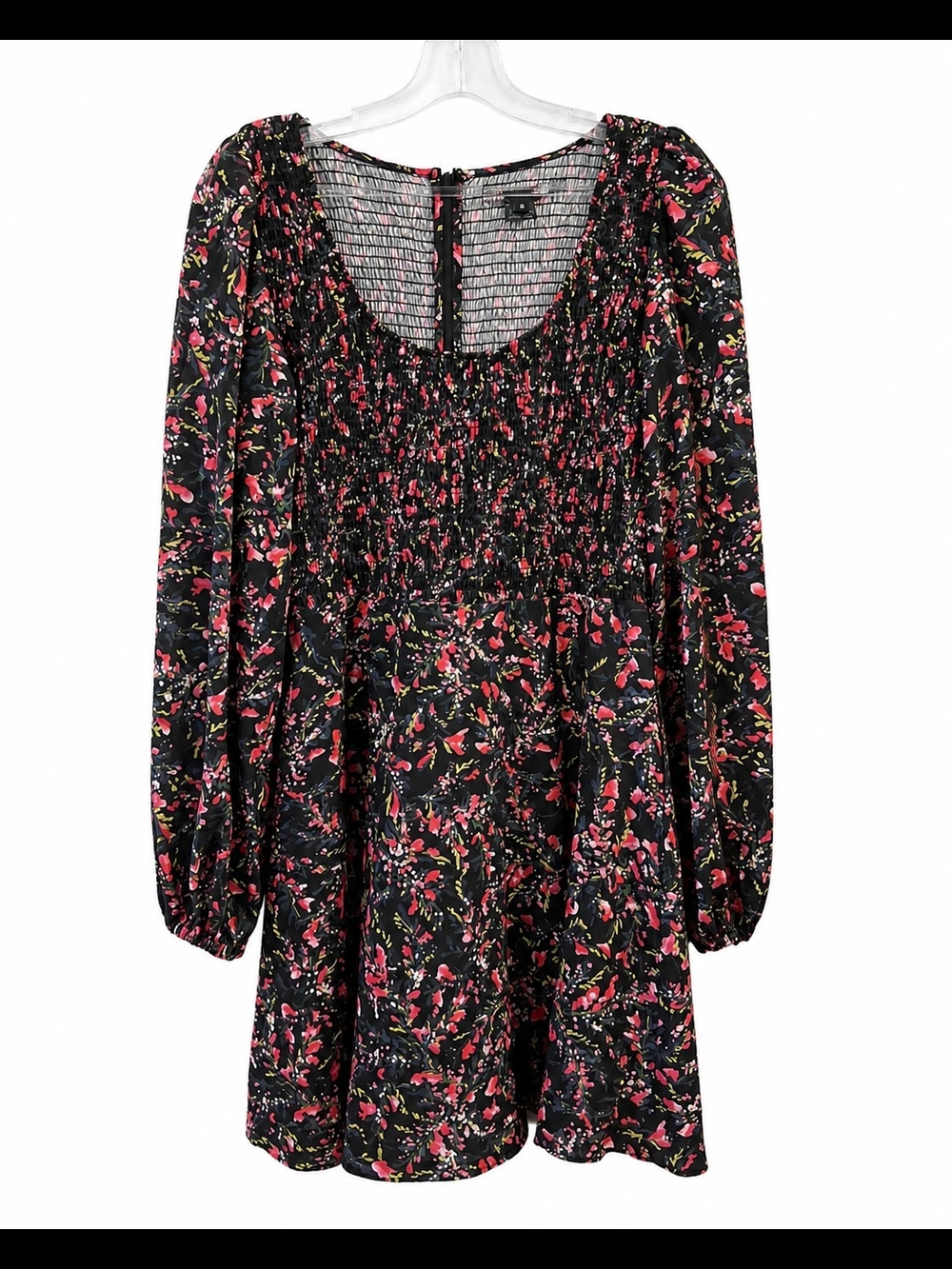 French Connection Black Floral Smocked Mini Dress with Pink Accents Fit & Flare - Picture 3 of 7